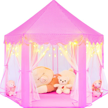 Kixinwa Pink Princess Tent For Girls, Kids Play Tent With Led Small Star Lights, Castle Playhouse Tent For Children Toddlers Ind