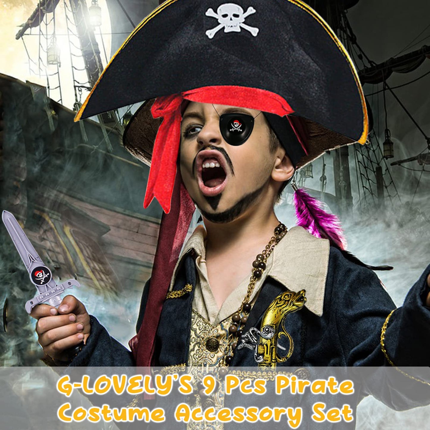 Pirate Costume Kids 8 Pcs Pirate Accessories for Kids - Halloween Pirate Theme Pretend Play Party Toys Set  Dress Up Supplies with Hat  decorative replica blade    Eye Patch  Telescope  Compass  Hook & Map