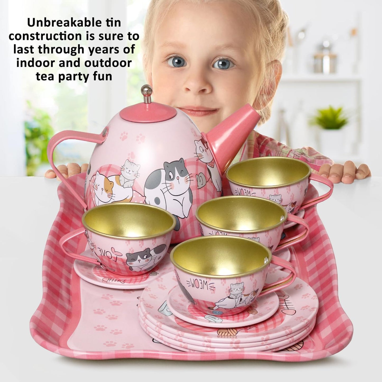 Kiddie Play Tea Set For Little Girls, Pretend Play Tea Party Set, Cat Design Kids Tin Tea Set With Carrying Case (15 Pcs)