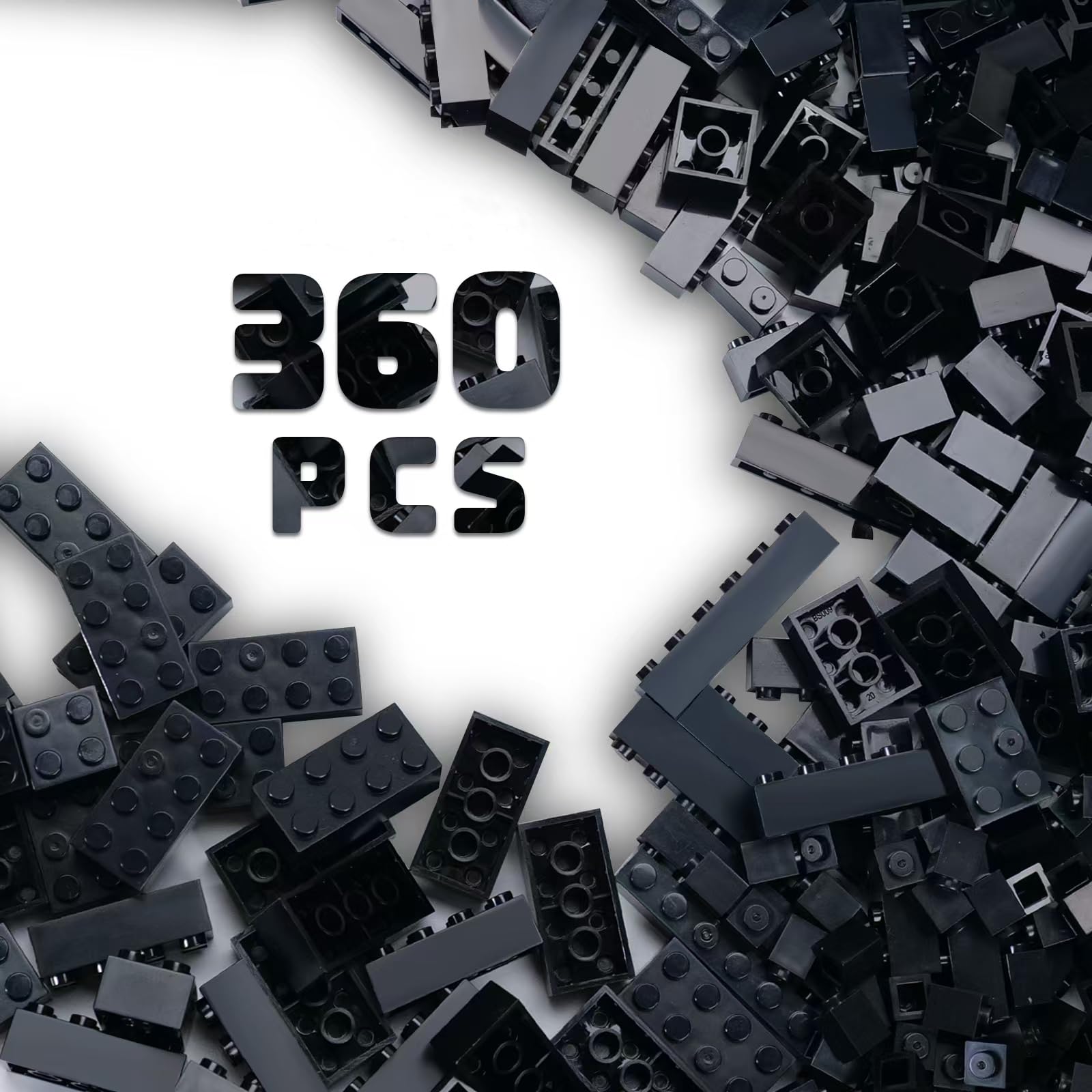 360 Piece Black Classic Building Blocks Bulk, 7 Sizes Building Bricks Assortment Pack, Compatible with Lego Parts and Pieces (Bl