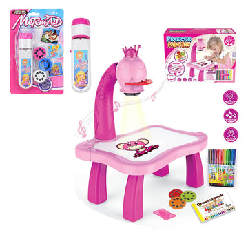 2Pcs/Set Drawing Projector For Kids With Flashlight Slide Projector, Projector Drawing Table For Kids Tracing With Light Music Sketcher Desk For Early Art Learning Games Gifts (Pink)