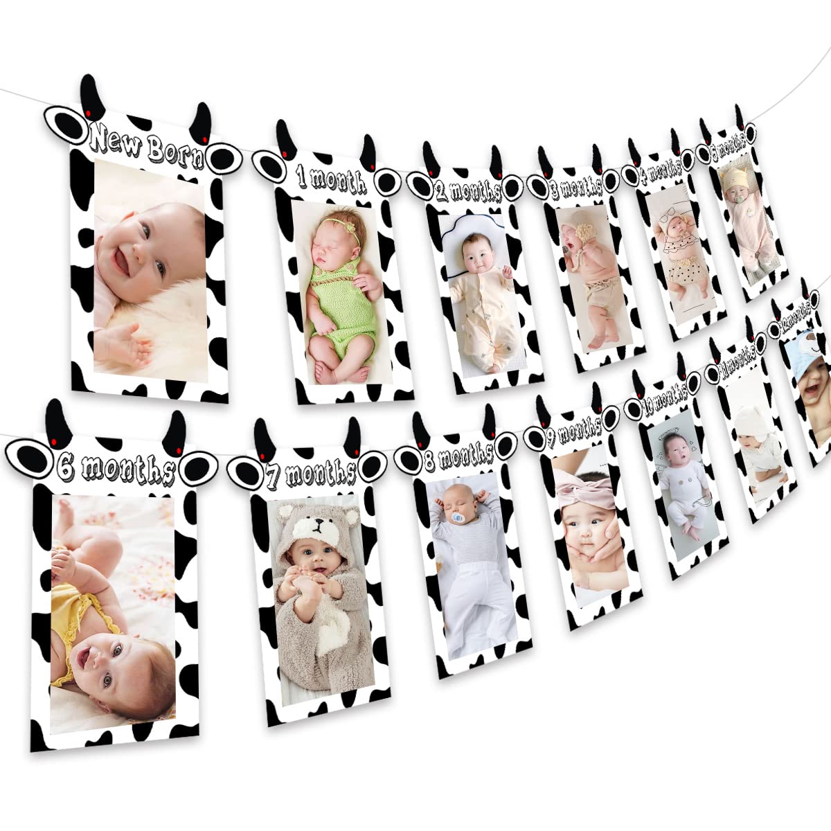 JOYMEMO 13PCs Cow 12 Month Photo Banner - 1st Birthday Baby Banner for Newborn to 12 Months, Cow Print Birthday Party Decoration