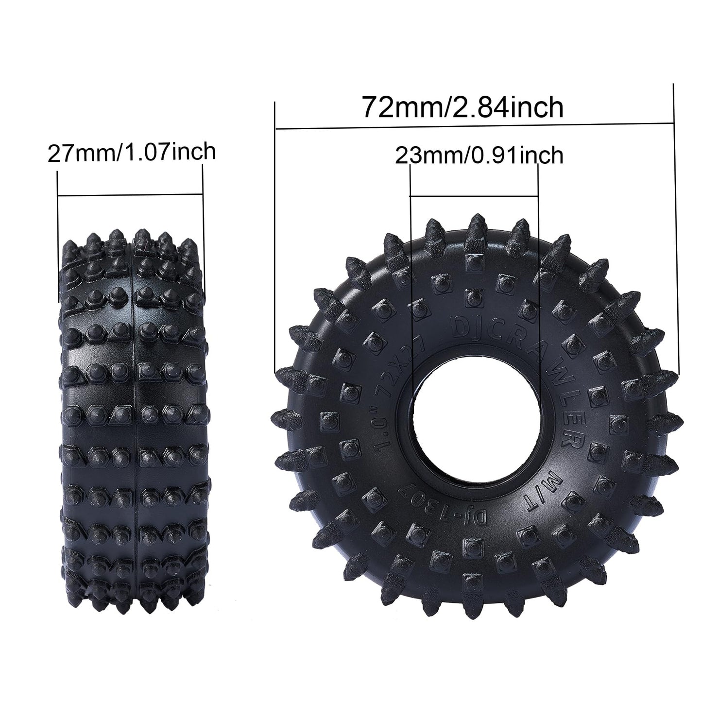 DJCRAWLER Super Soft 1.0 Pin Tires, 72x27mm Sticky Rubber Crawler Tyres for TRX4M, Axial SCX24, Black, Includes Double Layer