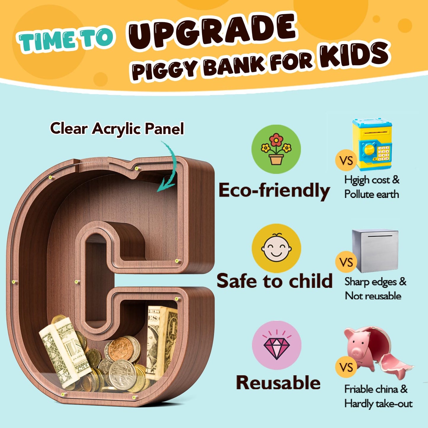 Summidate Wooden Letter Piggy Bank  Extra Thick Large Capacity Piggy Bank for Kids Boys Girls Toddler  Alphabet C Money Bank| Coin Box Birthday  Christmas  Festival