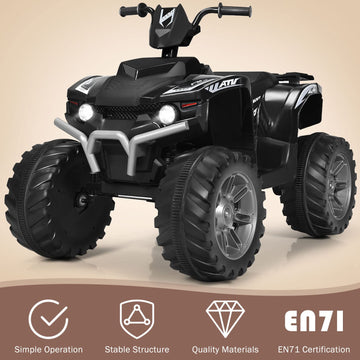 Olakids 12V Kids Ride On Atv, 4 Wheeler Electric Vehicle For Toddlers, Battery Powered Motorized Quad Toy Car For Boys Girls With Led Lights, Music, Horn, High Low Speed, Soft Start (Black)