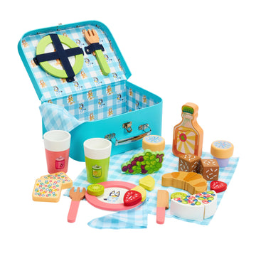 Bluey - Picnic Basket Set - 30 Piece Wooden Roleplay Toy with Carry Case, Cutlery & Pretend Food Accessories for Kids - FSC-Cert