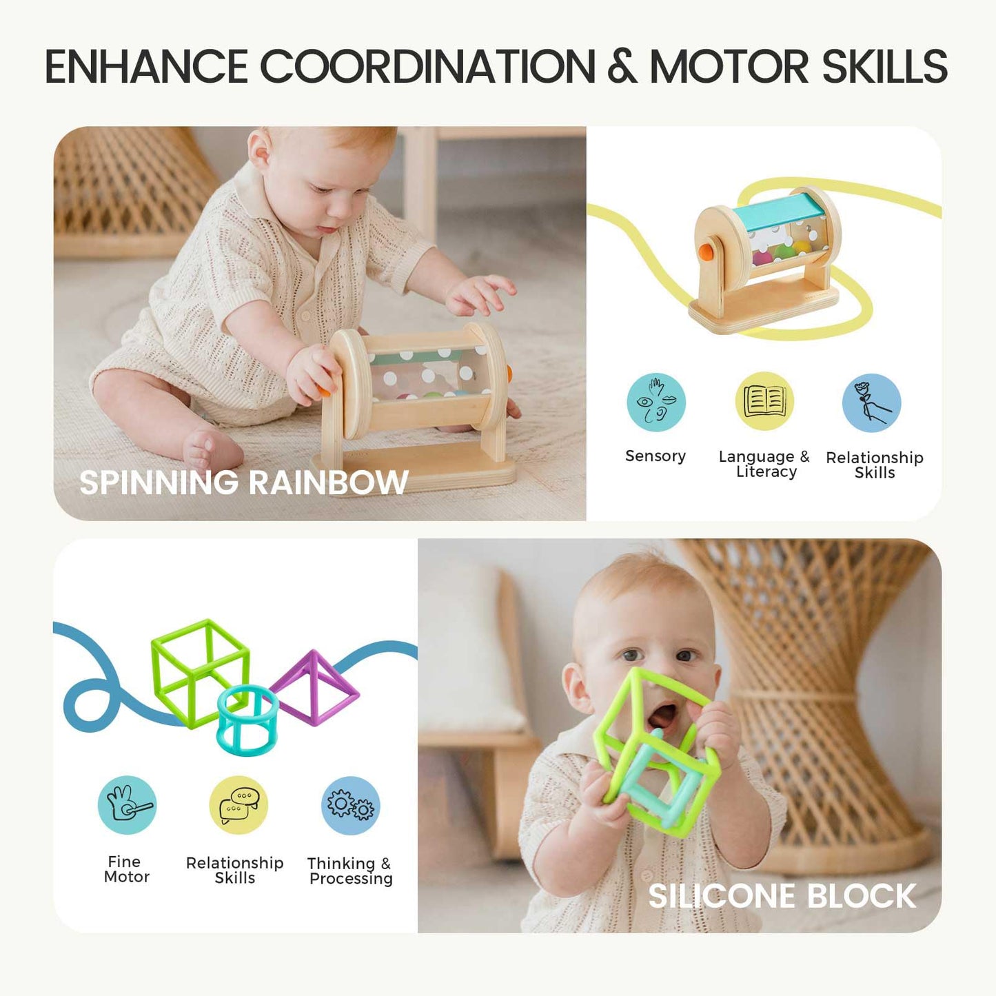 Tiny Land Montessori Baby Toy Set 4-6 Months - Early Learning Motor Skills Development Kit With 4-In-1 Soft Cloth Book, Spinning
