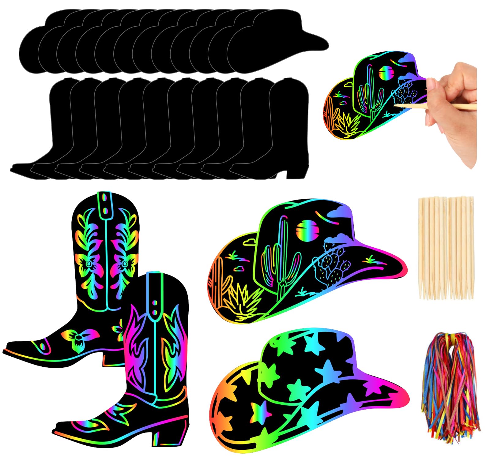 JarThenaAMCS 60 Pcs Western Cowboy Scratch Paper Craft Kits Cowboy Hat Boot Scratch Cards Ornaments with Ribbon & Wood Styluses 