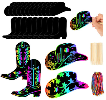 JarThenaAMCS 60 Pcs Western Cowboy Scratch Paper Craft Kits Cowboy Hat Boot Scratch Cards Ornaments with Ribbon & Wood Styluses 