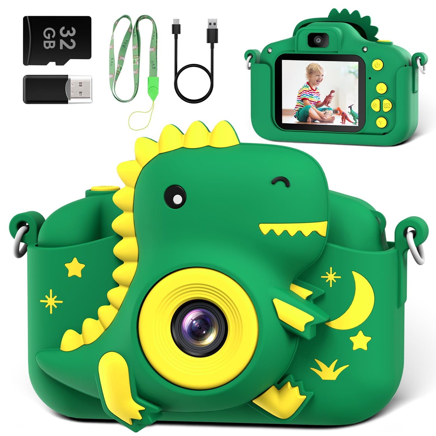GREENKINDER Kids Dinosaur Digital Camera, 1080P HD, Compact Green, Ages 3-12, Perfect Christmas/Birthday Gift for Boys & Girls