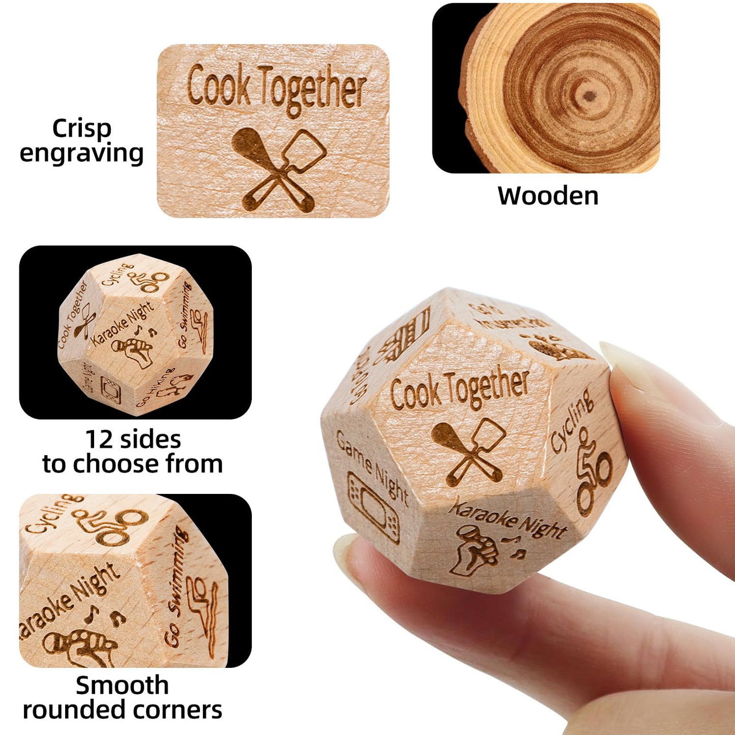 Metaroki Date Night Dice for Couples  Decision Dice Games Gift Idea  Wooden Dice Gift for Boyfriend  Girlfriend  Wife  Husband  for Christmas  Birthdays  and Valentines Day  Unique 12-Sided Design