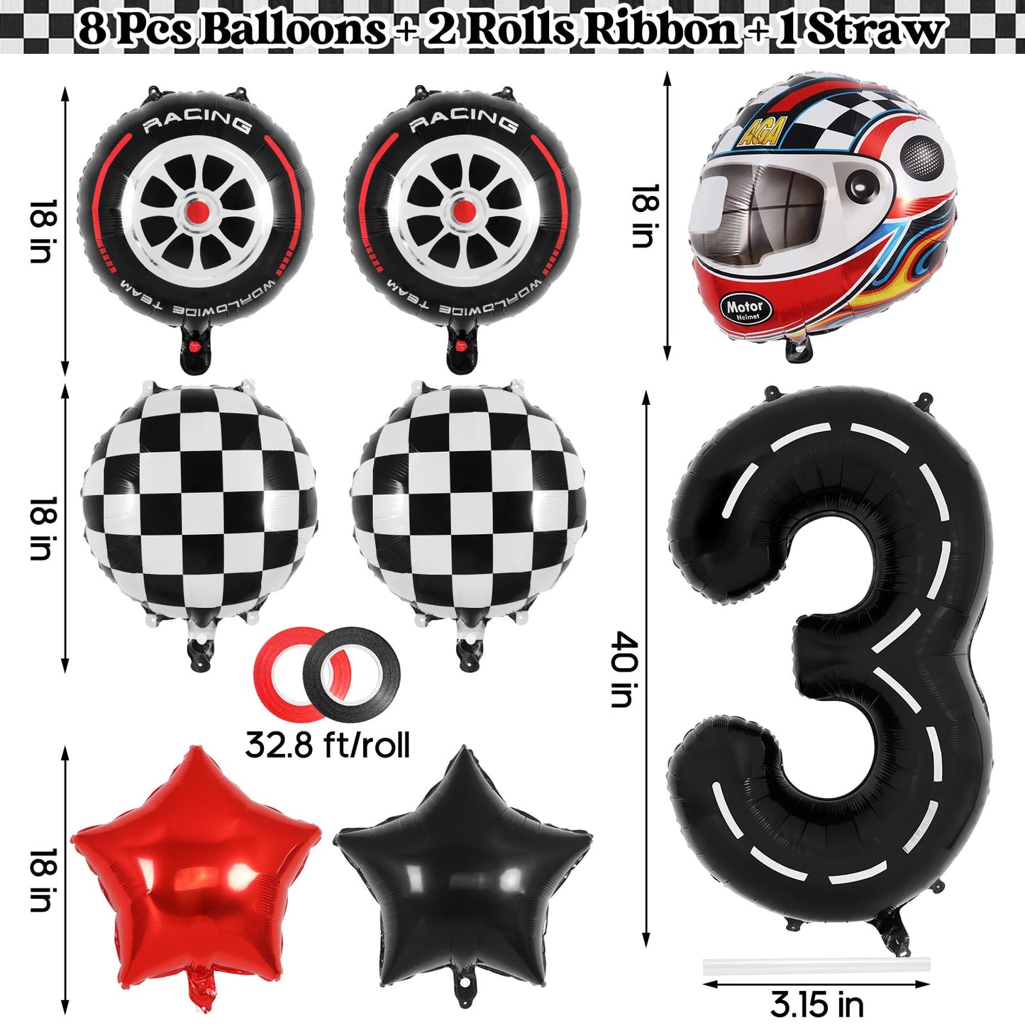 Race Car 3 Balloons, 40 Inch Racetrack Number 3 Balloon, Large Foil Mylar Racetrack Black 3 Balloon For 3 Year Old Birthday Race