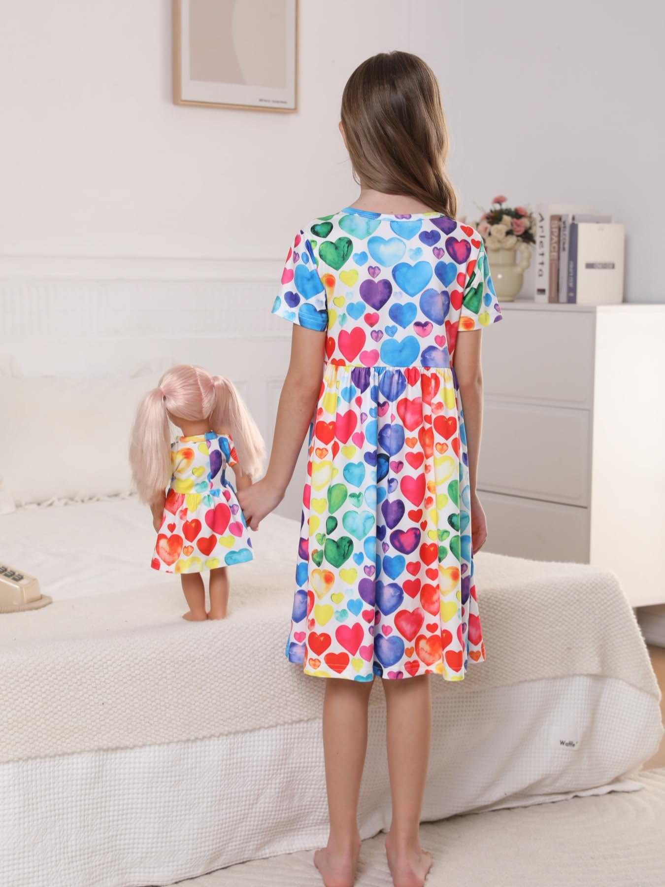 Bow Dream Girl Dress & Doll Clothes Set, Heart Shaped Print, Size 140, Polyester, Perfect for 9-10 Years