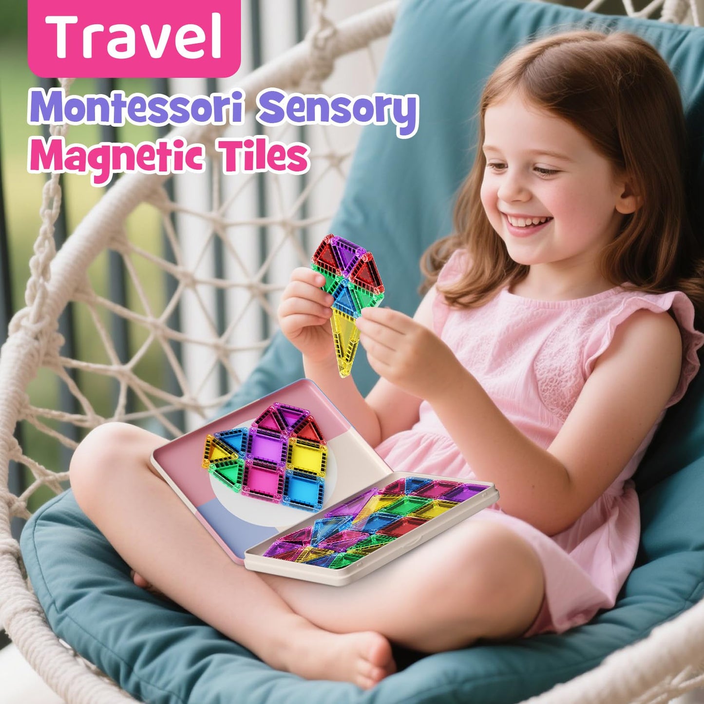 WMXDU Mini Magnetic Tiles with Iron Box, 42PCS Travel Size Magnet Building Blocks Toy Set, Protable Construction Block Toys Educ