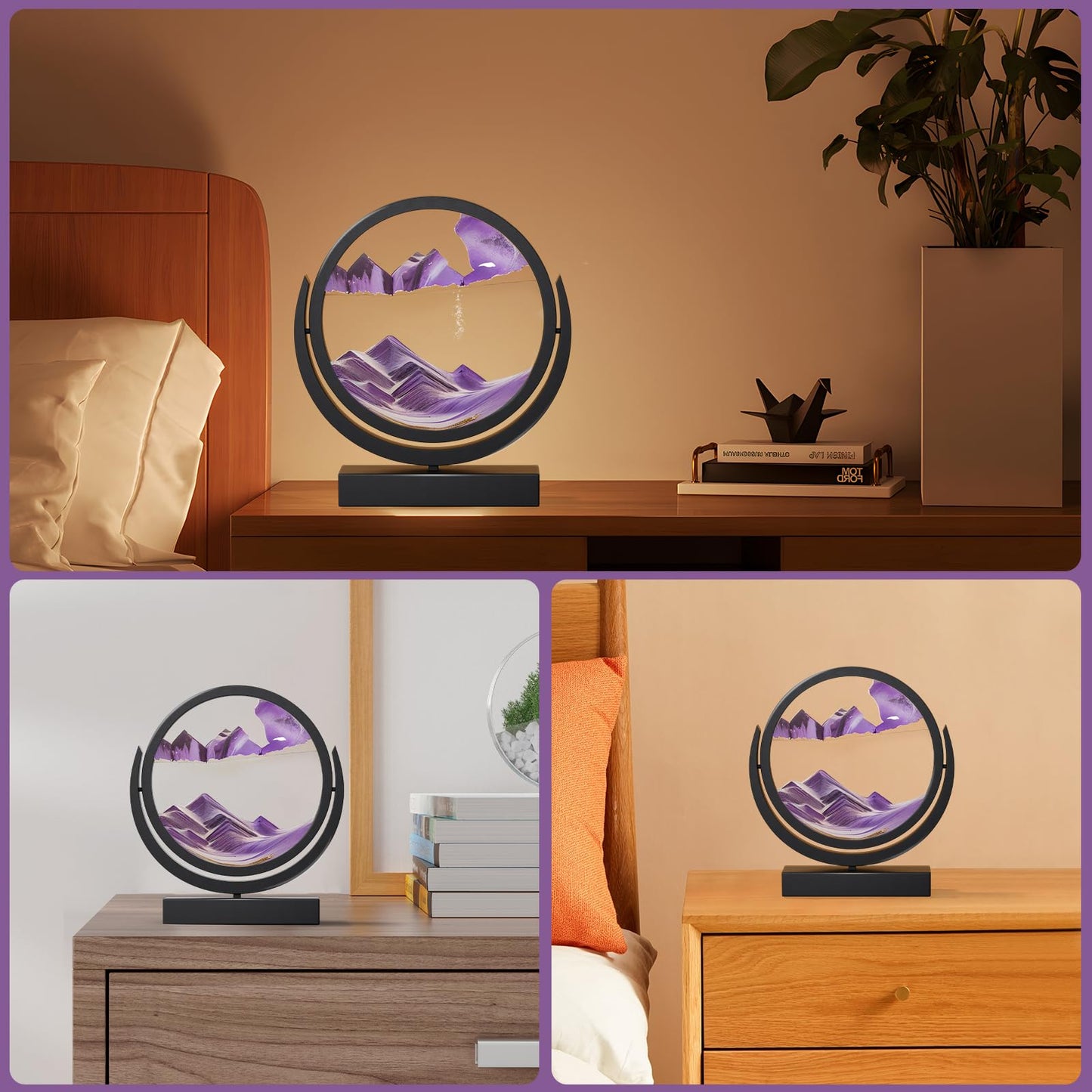 E-SHIDAI Moving Sand Art Picture in Motion Round Glass 3D Deep Sea Landscape, Dynamic Sand Art Sandscapes, Sensory (7in,Purple)