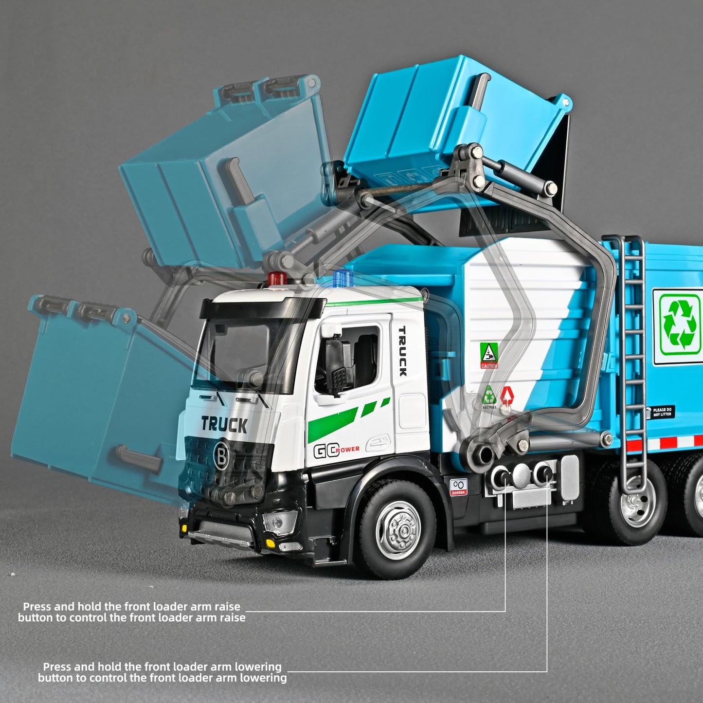 NOVAFUSION Front Loader Arm Toy Garbage Truck with Auto Lift Function,Diecast Garbage Truck Metal Cab,Friction Powered Garbage T