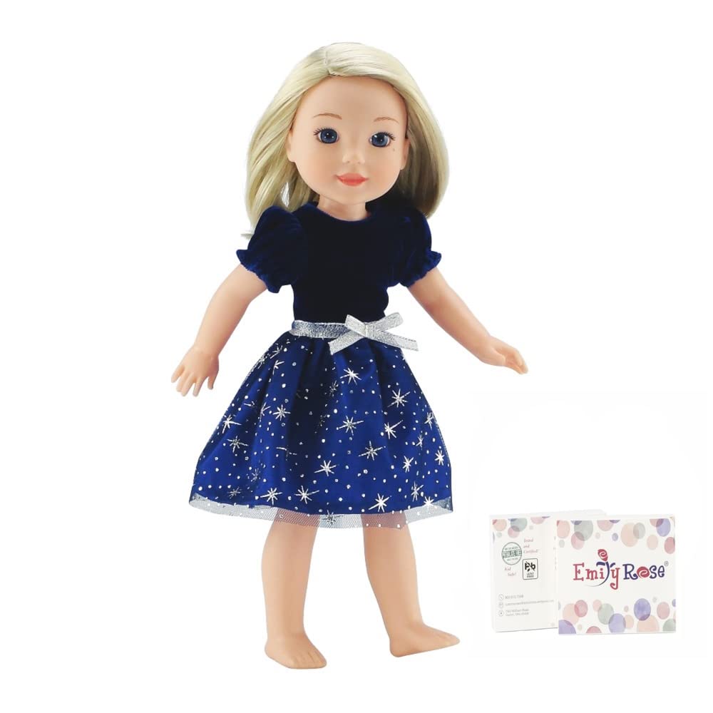 Emily Rose 14 Inch Doll Fashion Clothes Blue/Silver Velvety, Sparkly Party Dress | Compatible With 14.5 Hard-Bodied Wellie Wishe