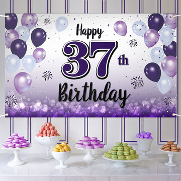 LASKYER Happy 37th Birthday Decorations,37th Purple Balloon Large Birthday Banner Backdrop Sign,37 Years Old Bday Party Supplies