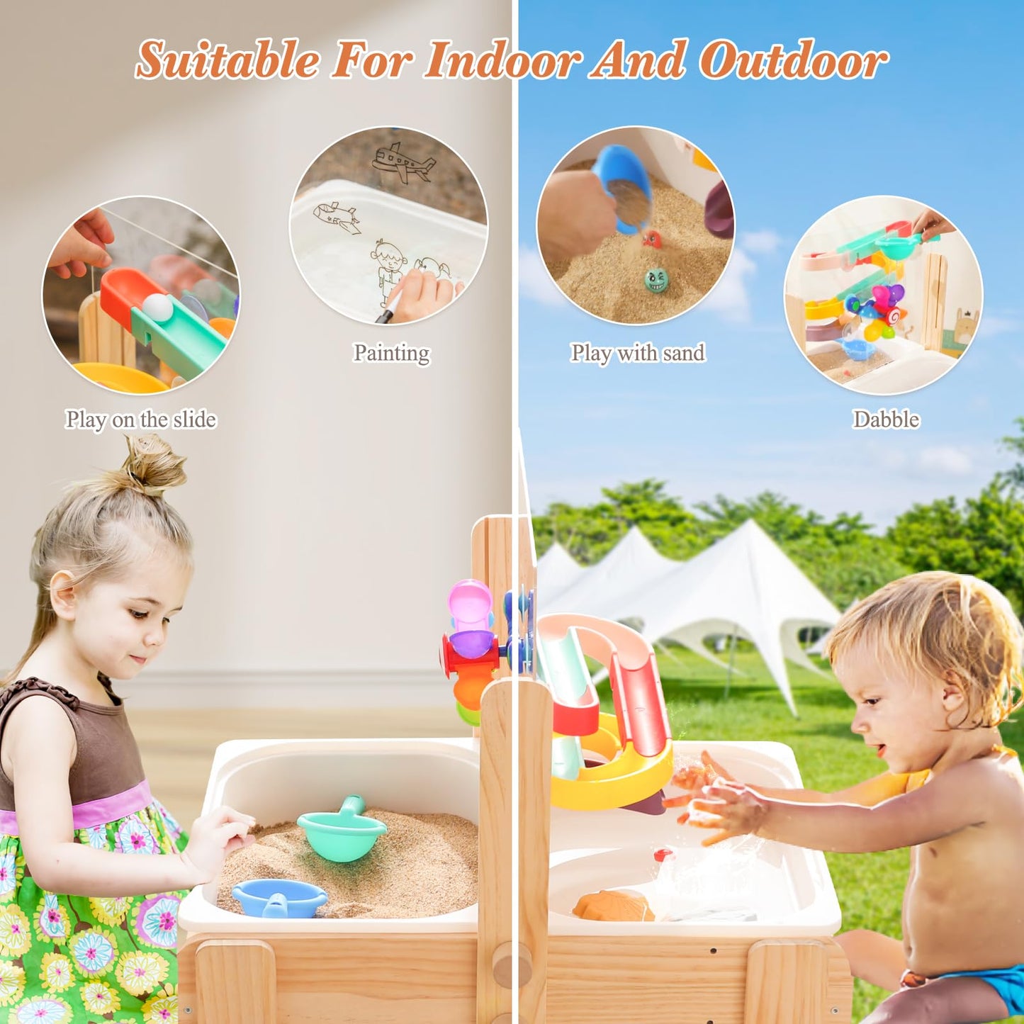 Bopoobo Sand And Water Table For Toddlers, 4 In 1 Kids Wooden Sensory Activity Table With 2 Storage Bins, Painting Acrylic Board