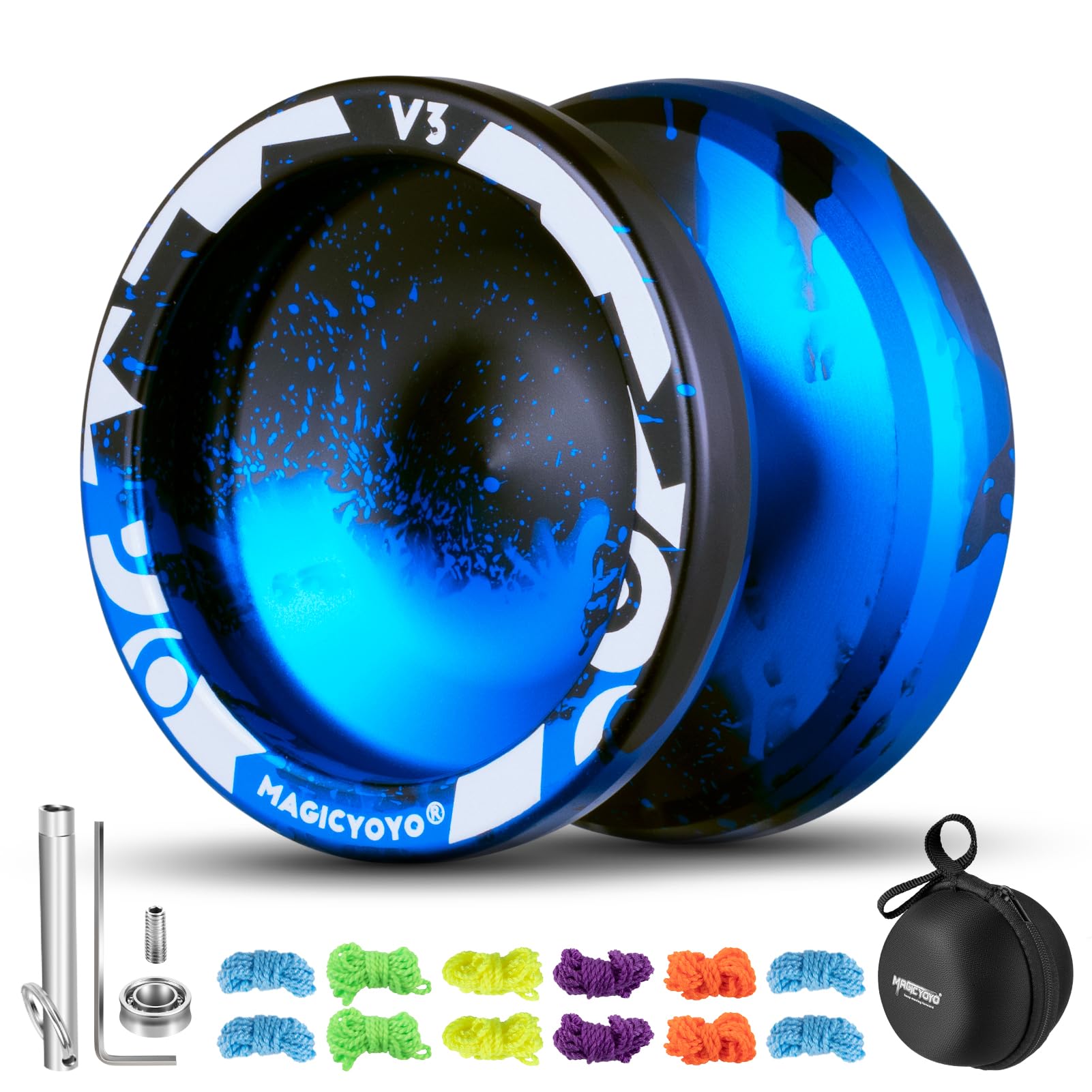 MAGICYOYO V3 Responsive Yoyo for Kids Beginners   Professional Yoyo for mature-themed  Dual Purpose Metal Yo-Yo with Replacement Bearing + 12 Yoyo Strings  Bearing Removal  Axle  Yoyo Case (Black Blue)