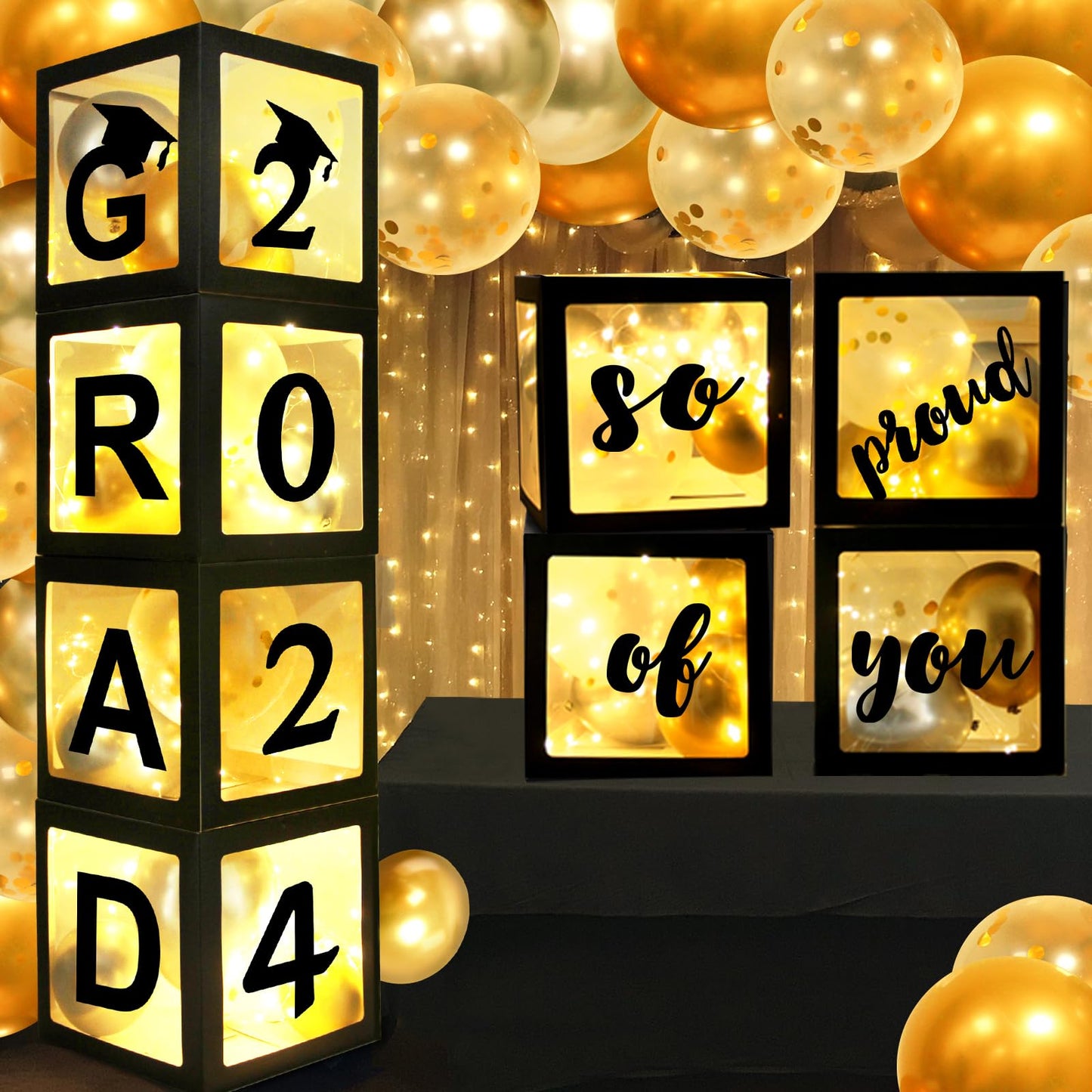 Aoke Graduation Party Decorations 2024 Graduation Balloon Boxes, 4Pcs Graduate Balloon Boxes With Gold Balloon Light Strings Bla