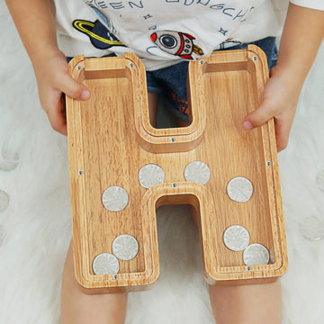 Piggy Bank For Kids Boys Girls, Large Personalized Wooden Letter Piggy Bank With Cut-Out Design, Alphabet Letter Coin Banks, Money Savings Box, Wooden Bank For Kids Creative Gift For Real-Money(H)