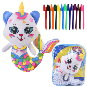 Drawmytoy Coloring Plush Toy With 12 Washable Markers For Little Girls Doodle Dolls Arts And Crafts Soft Diy Washable Doodle Stuffed Animal Toy For Kids Ages 4-6 Birthday (Fish Cat)