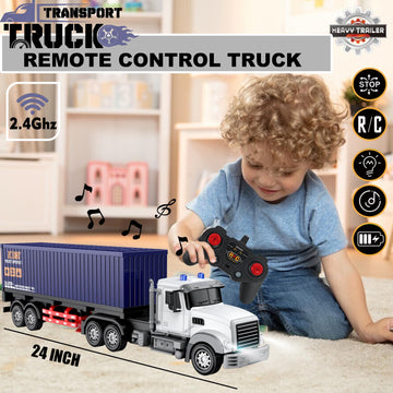 CALEST Remote Control Semi Truck with Trailer -24 Inch Semi Truck Toy for Kids,1:24 Container Truck with LED Lights & Music, Gre