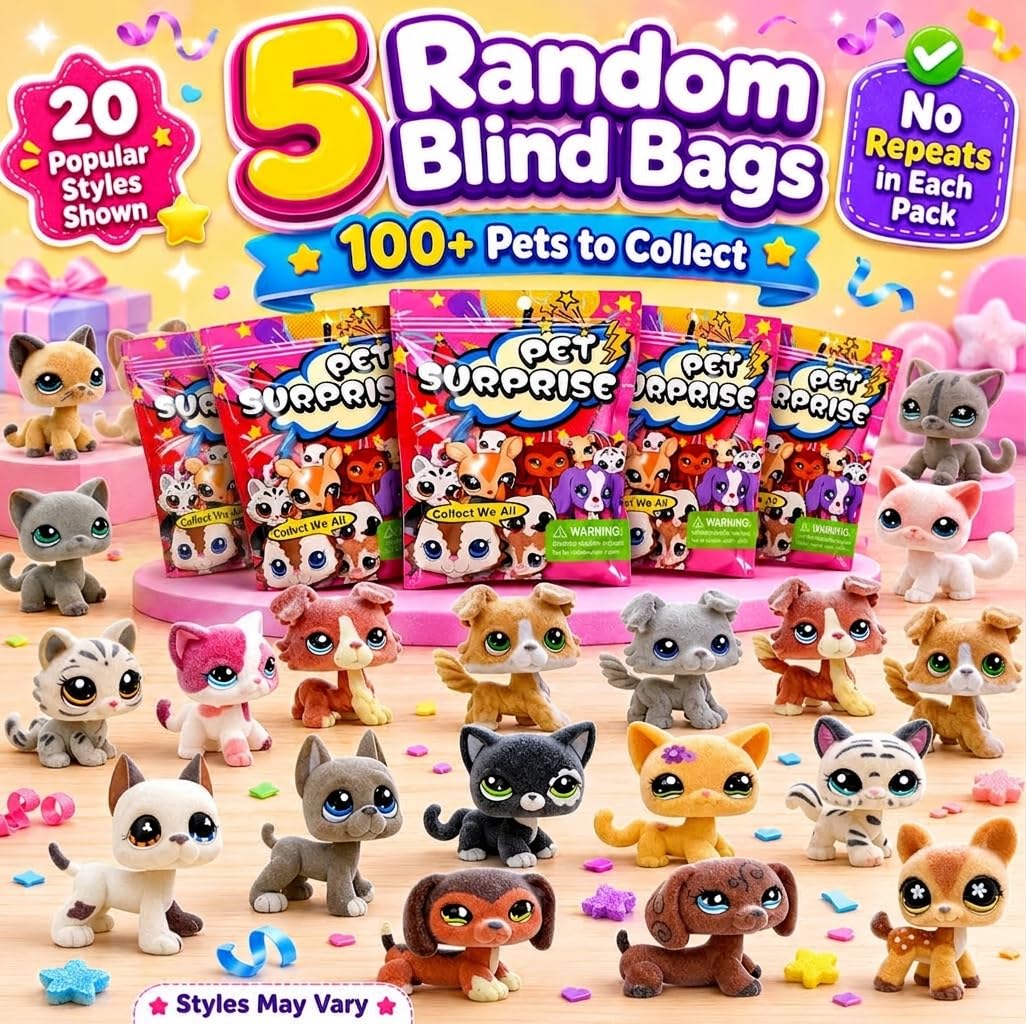 LPSCB 5PCS Flocked Animal Figure Set, Fuzzy Pet Shop Toys for Dogs and Cats, Collectible Short Hair Cat (Collie, Dachshund, Grea