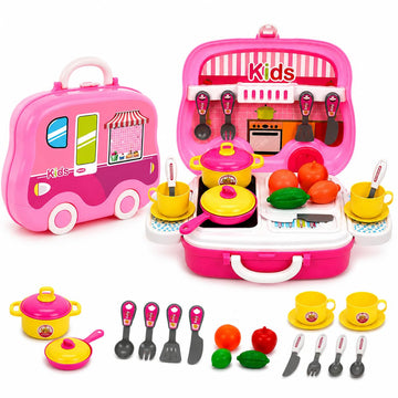 Chanak Kitchen Set for Girls, Kitchen Suitcase Set On Wheels, Colorful Pretend Play Cooking Set for Girls with 18 Pieces, Portab