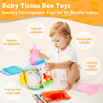 Yeeeasy Baby Tissue Box Toy Montessori Toys For Infant 6,9,12,18 Months Sensory Tissue Box Toy With Mirror,Textured Tails,Squeak