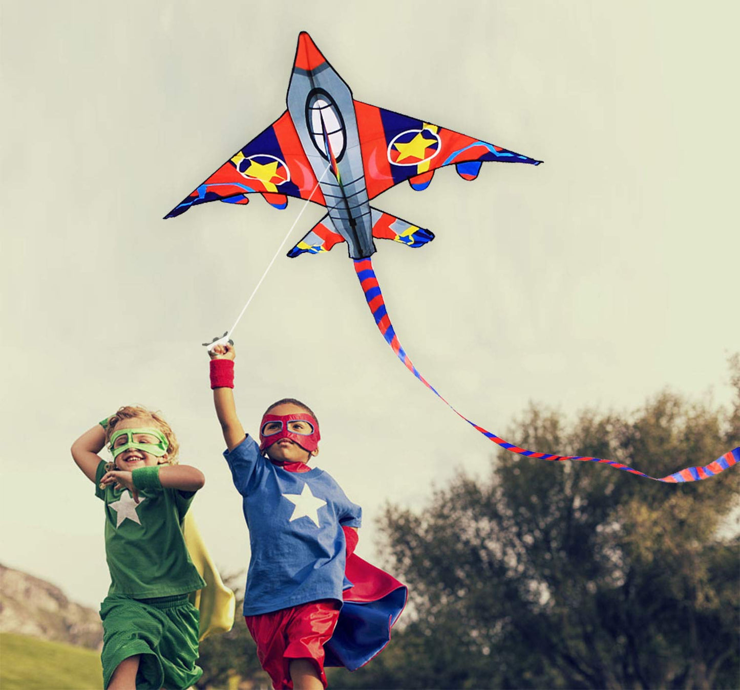 Honbo 58' Fighter Plane Kites For Kids Easy To Fly, Kite For Adults, With Kite Reel And 200Ft String, Beginner Kite For Beach Trip