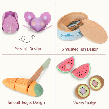 WHOHOLL Play Food Set for Play Kitchen Accessories, Wooden Toys Food Pretend Cutting Food with Apron, Montessori Toys for 1+ Yea