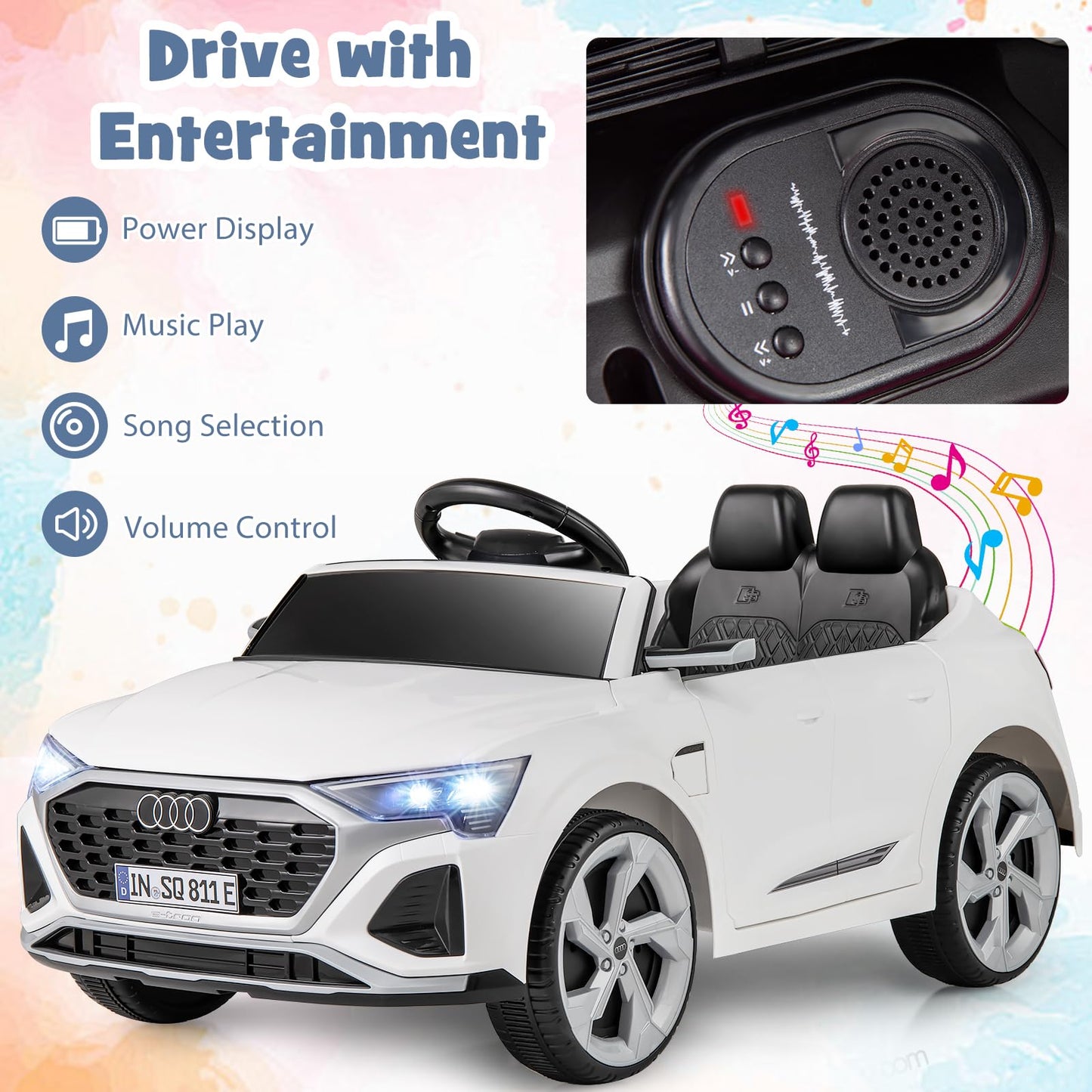 Costzon 12V Kids Ride On Car Licensed Audi Sq8, Remote Control Ride On Toy, Battery Powered Electric Vehicle With Spring Suspension, Music & 3 Speeds, Horn, Led Lights, Gift For Boys Girls 3+ (White)
