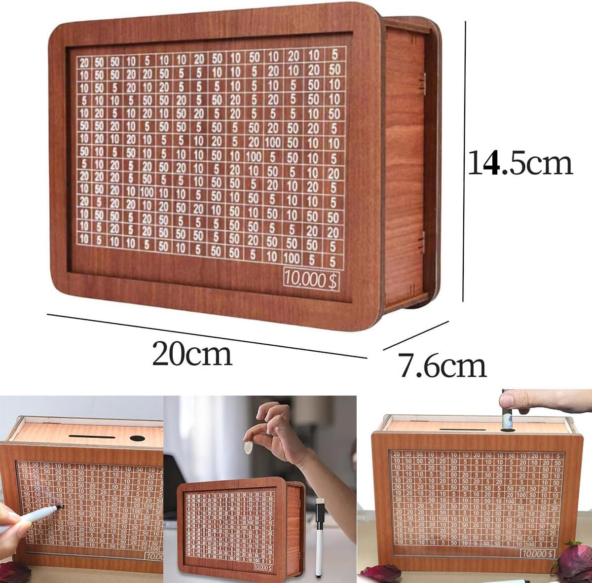 kjsdsss 10000 Savings Challenge Box - Wooden Cash Vault, Brown Coin Counter Piggy Bank for Money Saving Challenges, 2025 Model