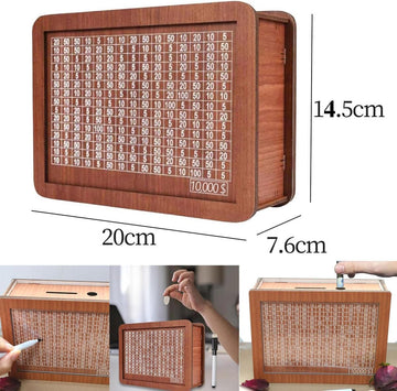 kjsdsss 10000 Savings Challenge Box - Wooden Cash Vault, Brown Coin Counter Piggy Bank for Money Saving Challenges, 2025 Model