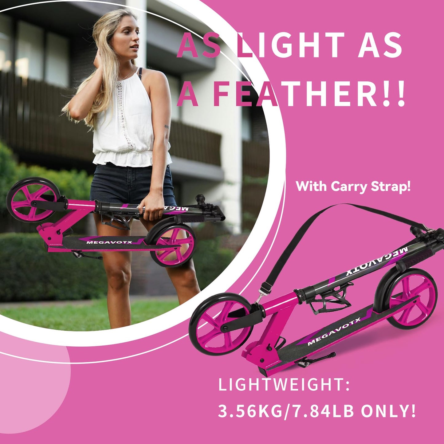 Megavotx Foldable Kids Scooter with 8 inch Sturdy Wheels - Scooters for Kids  Teens  mature-themeds Ages 8+  Adjustable Handlebar  Gift for Boys&Girls  220lbs Max Load Capacity  Bearing ABEC7 - Rose