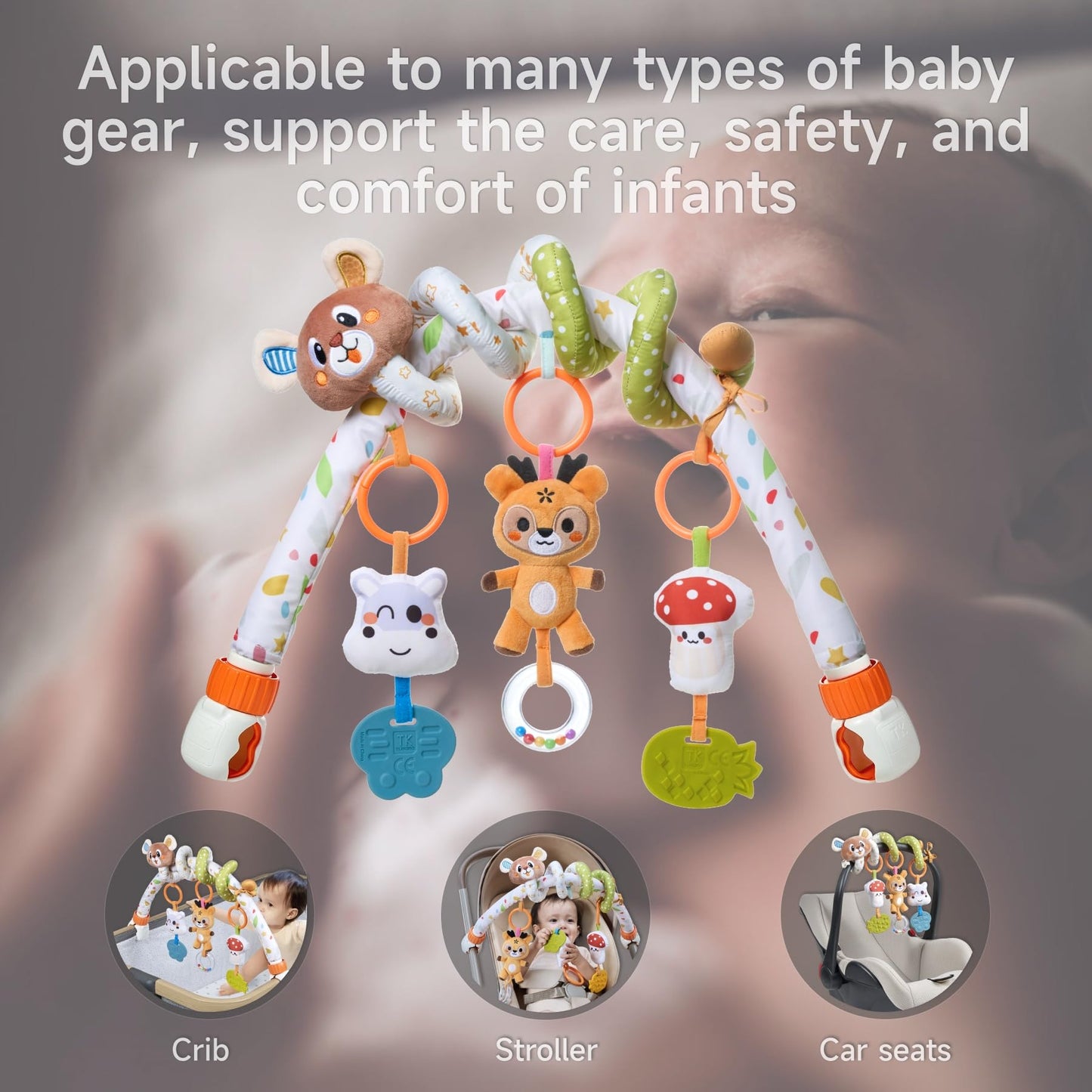 TUMAMA Baby Activity Arch with Bear Spiral Toy, Clips Adjustable and Detachable Sensory Stimulating Hanging Toys Baby Toys 0-3 3