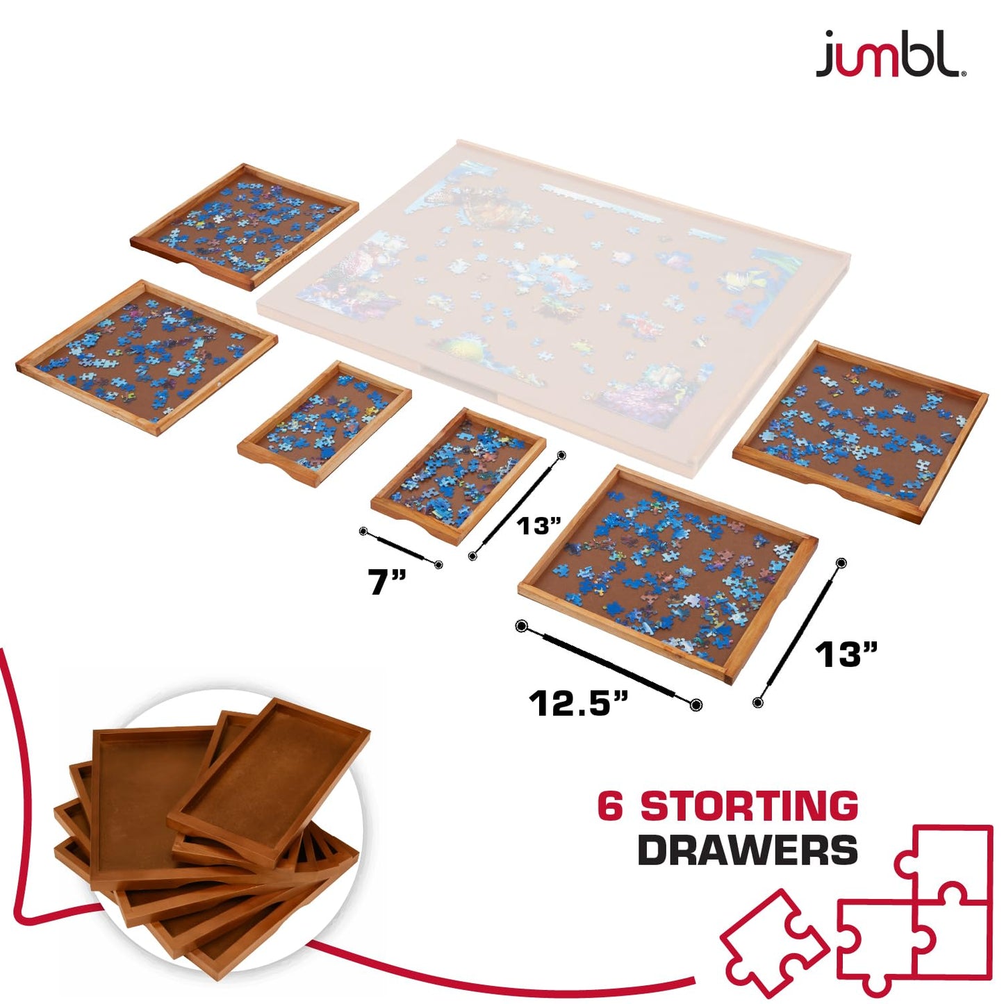Jumbl 1500-Piece Puzzle Board | 27” X 35” Jigsaw Puzzle Table | 6 Removable Magnetic Sorting Drawers | Smooth Plateau Fiberboard Work Surface & Hardwood Construction | For Games & Puzzles