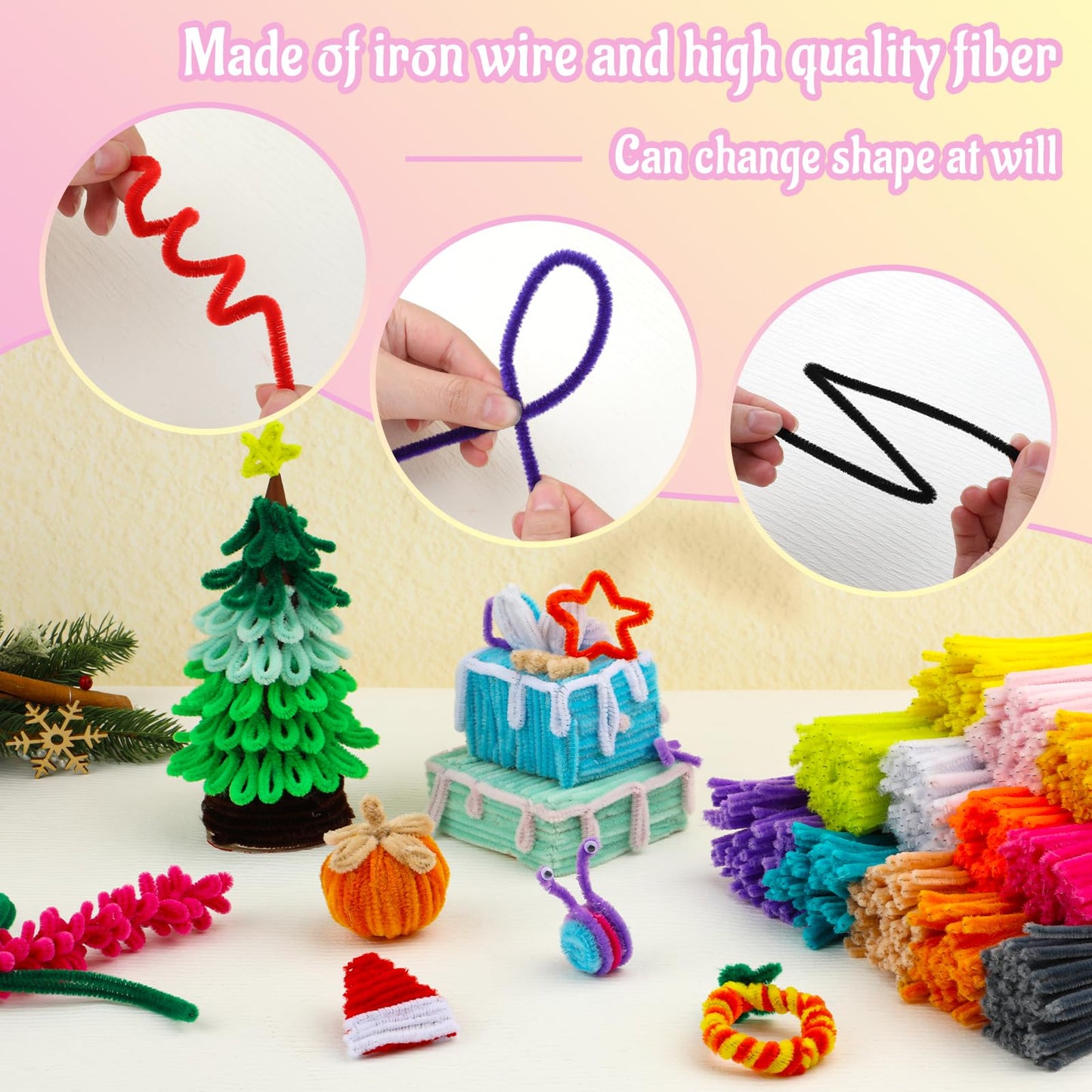 Mnuizu 200pcs Pipe Cleaners,Pipe Cleaners Chenille Stems for Craft, Fuzzy Sticks Christmas Craft Supplies for DIY Art & Creative