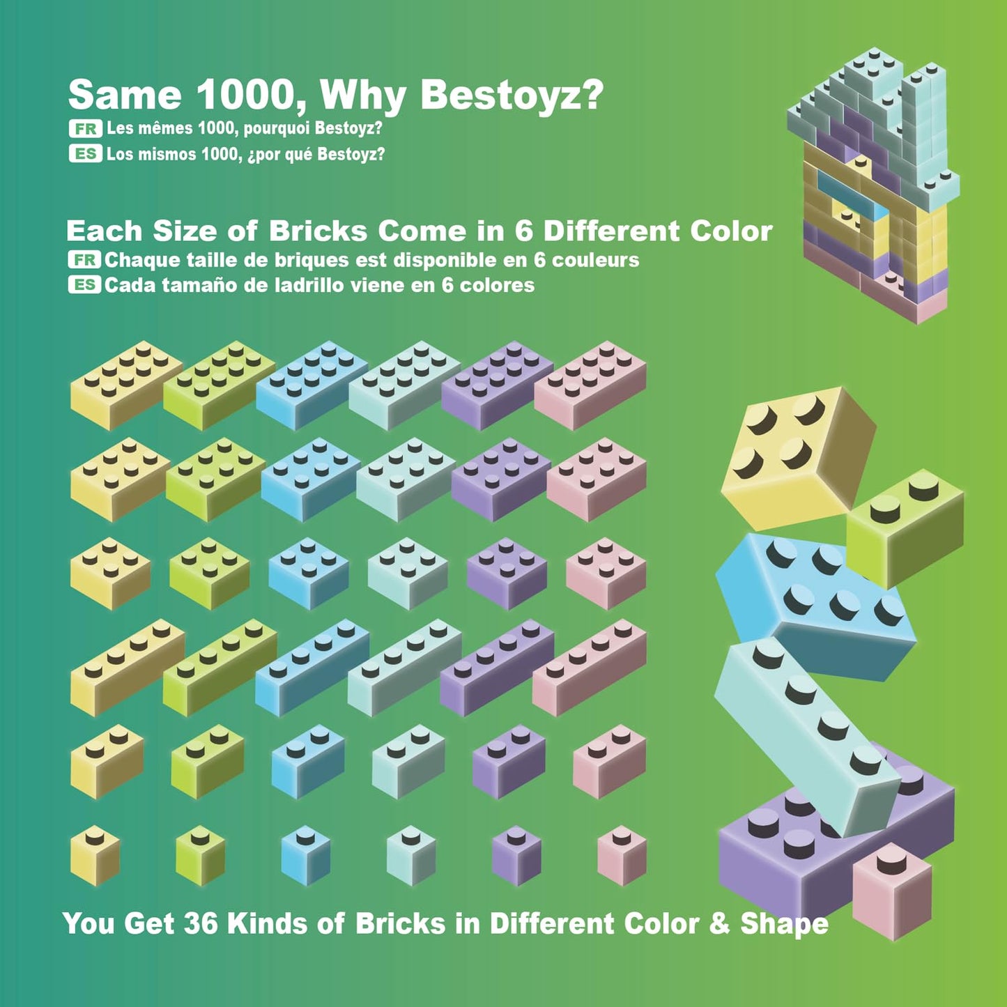 Building Bricks 1000 Pieces In Pastel Colors, Classic Building Blocks Toys For Boys & Girls, Bulk Basic Brick Tiles Building Toys For Kids Aged 4+