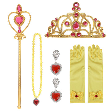 Spunicos Girls Belle Princess Costume Accessories Set With Gloves,Earrings,Wand And Crystal Jewels Crown,Necklace