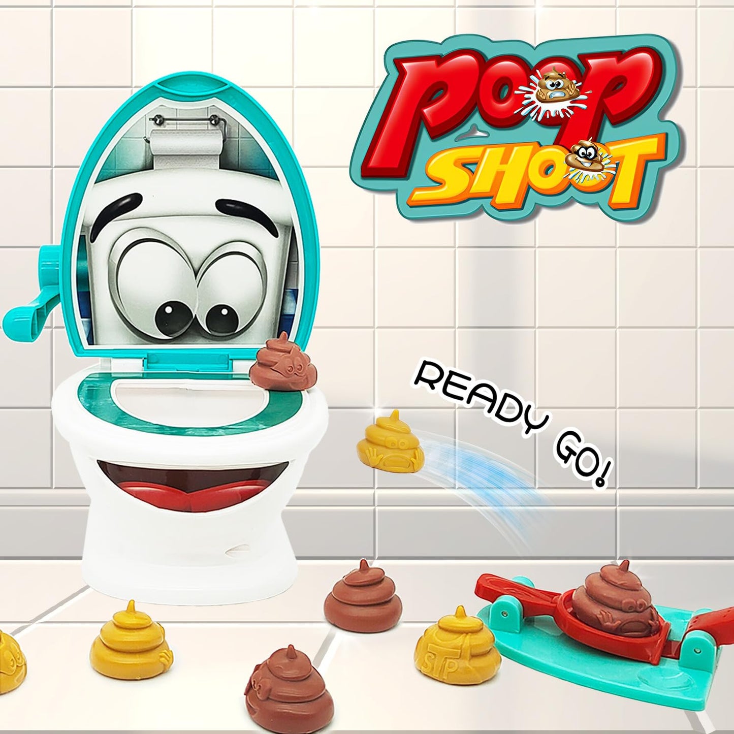 Anemeeoke Poop Family Game - Funny Shooting Game - Fast And Frenzied Launching - Includes 1 Toilet Bowl, 2 Launchers, 12 Soft Pl