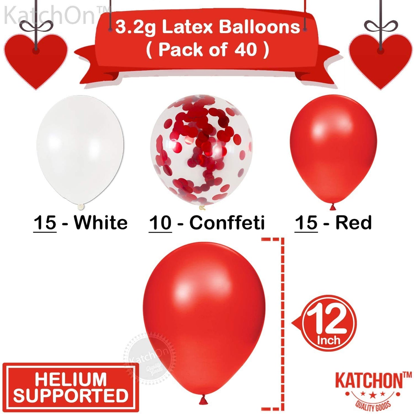 KatchOn, Valentines Day Balloons Red and White - 12 Inch, Pack of 40 | Red and White Balloons, Red White Confetti Balloons for V