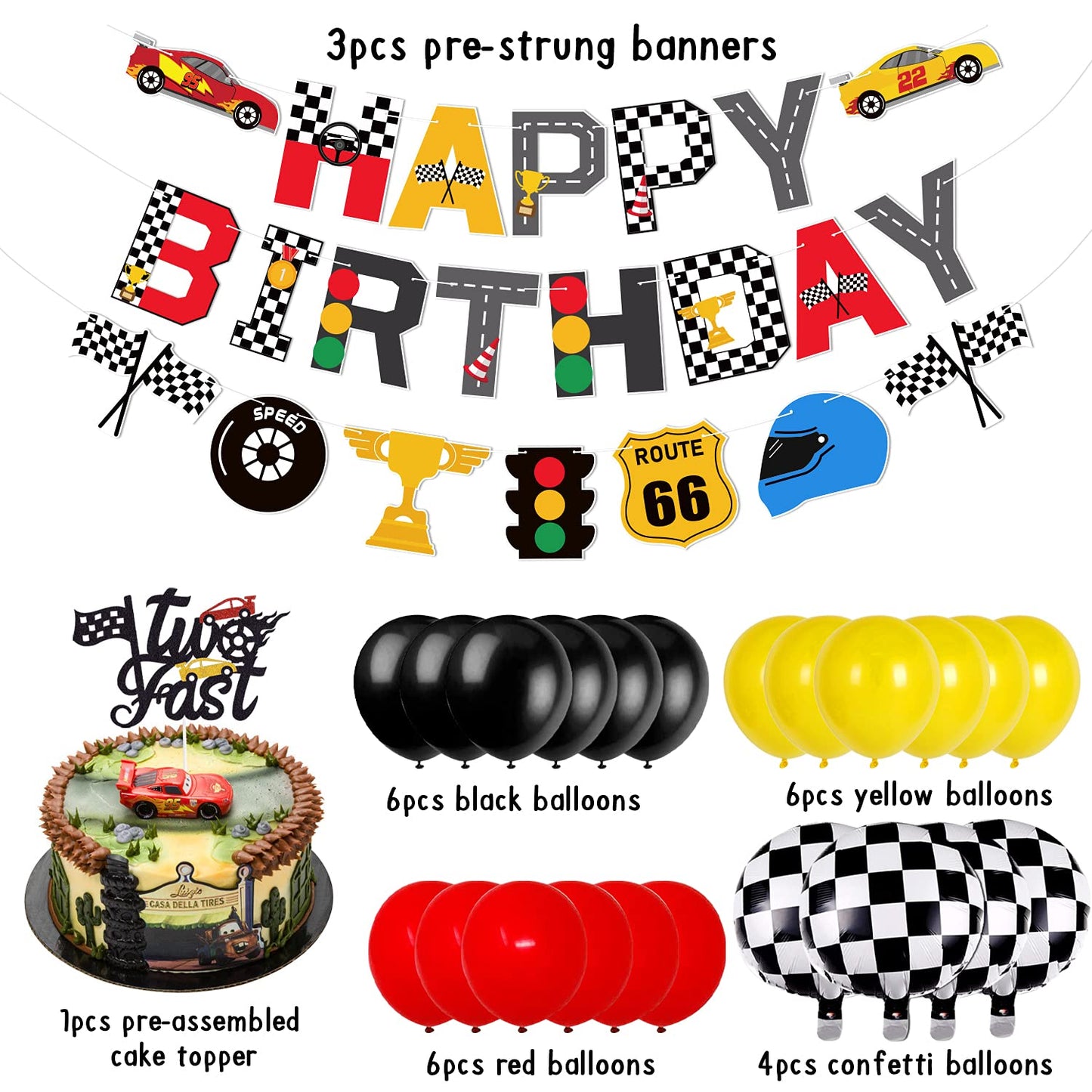 Race Car Two Fast Birthday Party Decorations, Birthday Banner And 2Nd Cake Topper Racing Chequered Flag Balloons Let'S Go Racing Theme Party Supplies