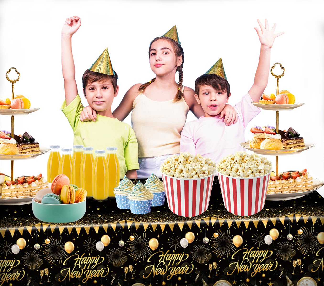 6PCS Happy New Year Tablecloth, Disposable Black Gold NYE Party Tablecloth Decorations, Rectangular Plastic New Year Table Cover