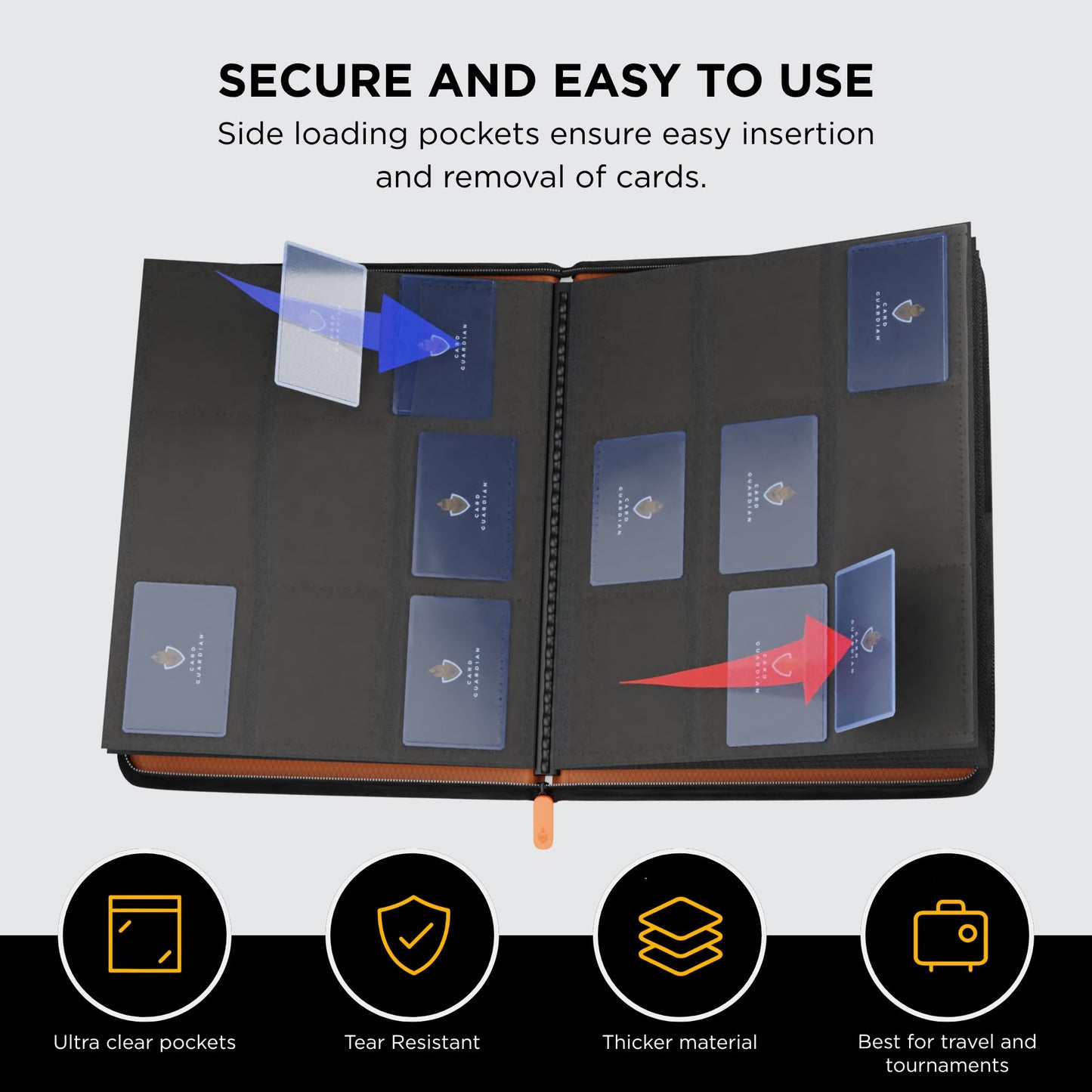 Card Guardian - 9 Pocket enhanced Binder with Zipper for 360 Cards Trading Card Games TCG (Orange) Perfect Card Binder for Yugioh Cards MTG Binder Sports Card Binder