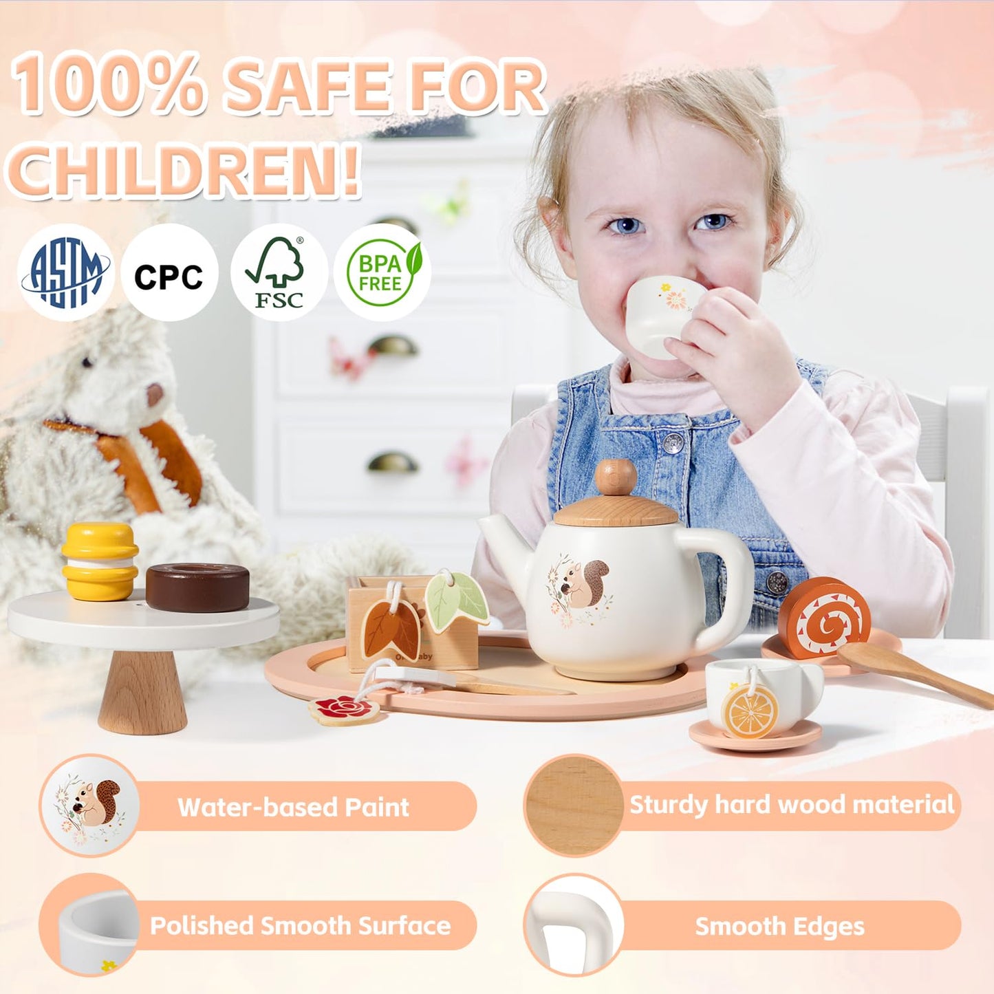 OMYBaby Wooden Tea Set for Little Girls, 19pcs Tea Party Playset with Teapot, Tea Cups, Dessert Stand, Macaroons, Cakes & Tray,