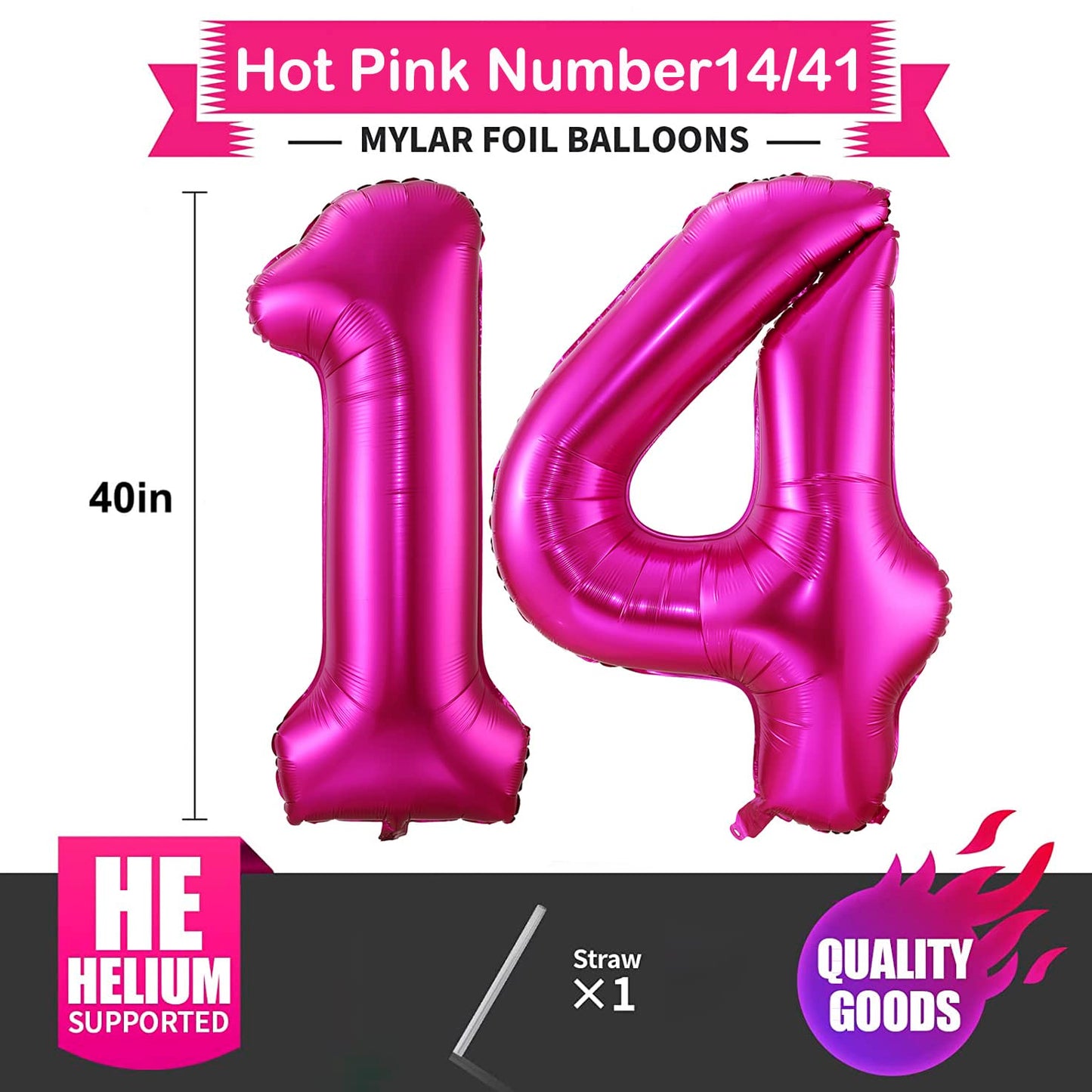 BBPOOL Hot Pink 14 Balloon Numbers - 40 Inch Foil Mylar Number 14 Balloons for Birthday Party Decorations