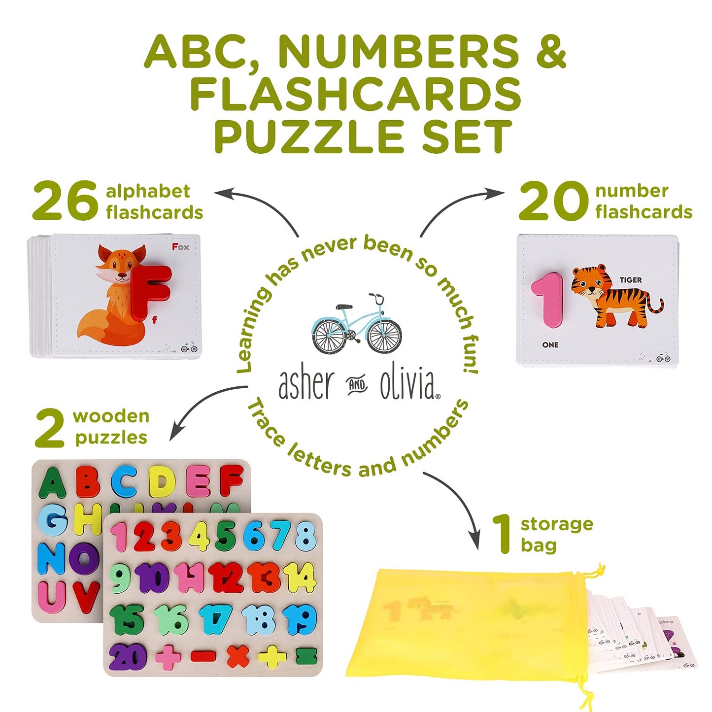 Alphabet Puzzle & ABC Wooden Puzzle Set: Number Game  Flash Cards  & Storage Bag Bundle